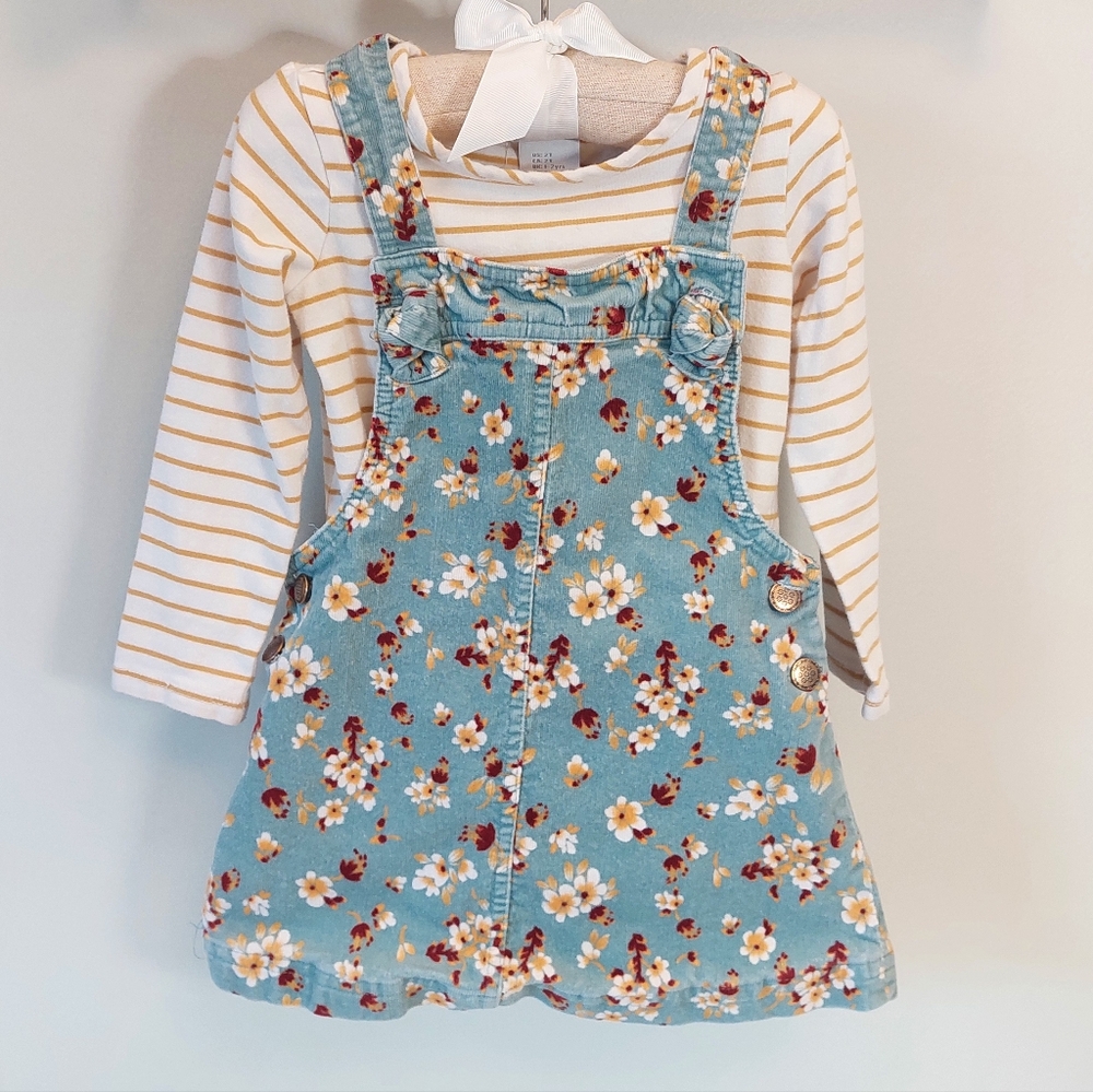 Tahari Blue Floral Corduroy Dress with Striped Top 2T Baby Girl Toddler